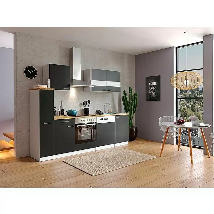 Respekta Singleküche Malia - Breite: 250 cm, Schwarz, Dekor Arbeitsplatte: Holzoptik, Volumen Backofen: 72 l - Stimmungsaufnahme