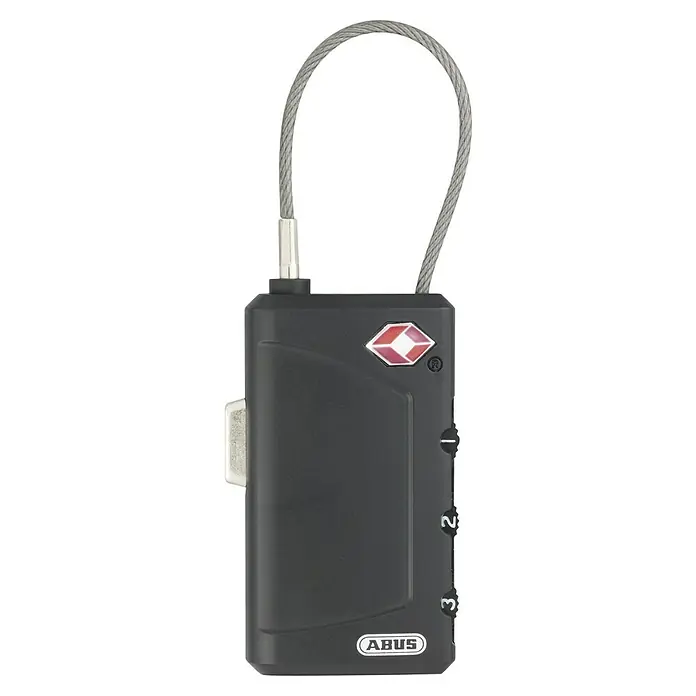 Abus Candado con combinación 148TSA - An x Al: 30 x 96 mm, Número de dígitos en combinación: 3 ud. - Primer plano de un candado de combinación ABUS con cable de acero para equipaje, ideal para viajes seguros.