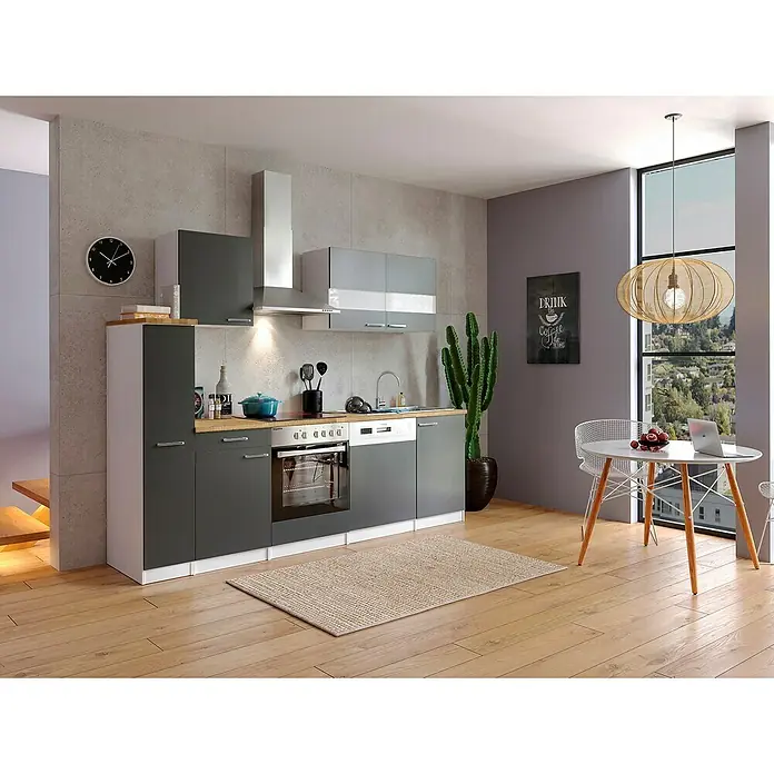 Respekta Singleküche Malia - Breite: 250 cm, Grau, Dekor Arbeitsplatte: Holzoptik, Volumen Backofen: 72 l - Moderne Küche mit grauen Schränken, hölzerner Arbeitsplatte und stilvoller Dunstabzugshaube. Gemütlicher Essbereich mit rundem Tisch und dekorativer Pendelleuchte.