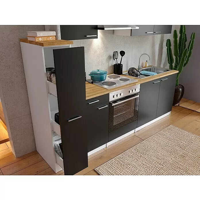 Respekta Singleküche Malia - Breite: 240 cm, Schwarz, Dekor Arbeitsplatte: Holzoptik, Volumen Backofen: 60 l - Stimmungsaufnahme