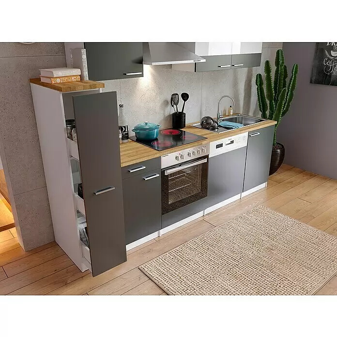 Respekta Singleküche Malia - Breite: 250 cm, Grau, Dekor Arbeitsplatte: Holzoptik, Volumen Backofen: 72 l - Stimmungsaufnahme