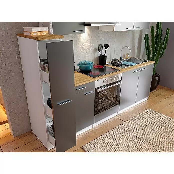 Respekta Singleküche Malia - Breite: 240 cm, Grau, Dekor Arbeitsplatte: Holzoptik, Volumen Backofen: 72 l - Stimmungsaufnahme