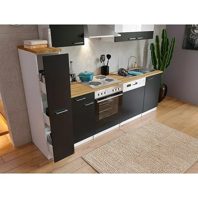 Respekta Singleküche Malia - Breite: 250 cm, Schwarz, Dekor Arbeitsplatte: Holzoptik, Volumen Backofen: 60 l - Moderne Küchenzeile mit weißen und schwarzen Elementen, inklusive Spüle, Herd und Ofen. Der praktische Apothekerschrank bietet zusätzlichen Stauraum.