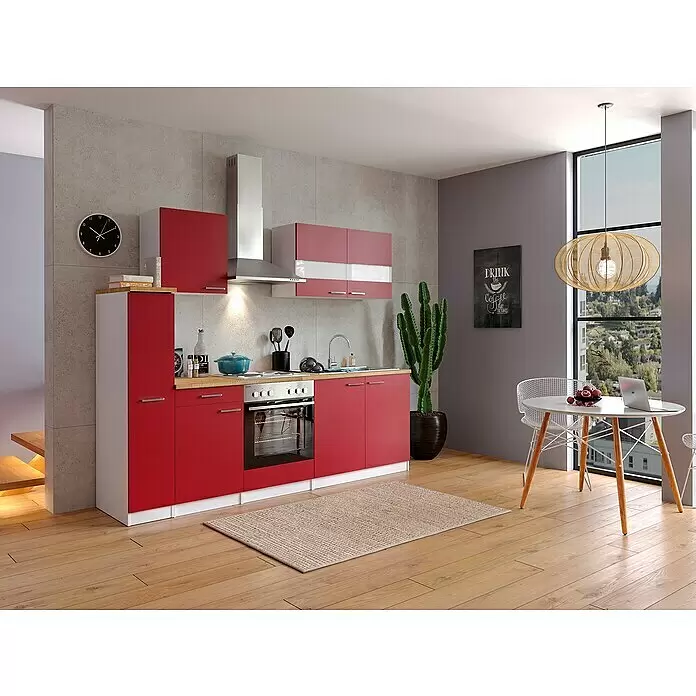 Respekta Singleküche Malia - Breite: 240 cm, Rot, Dekor Arbeitsplatte: Holzoptik, Volumen Backofen: 60 l - Stimmungsaufnahme
