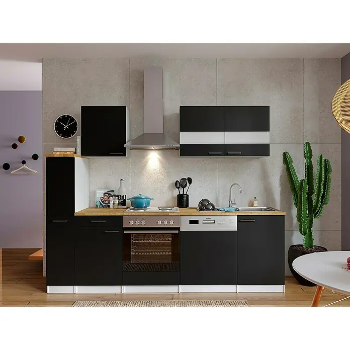 Respekta Singleküche Malia - Breite: 250 cm, Schwarz, Dekor Arbeitsplatte: Holzoptik, Volumen Backofen: 60 l - Küchenzeile in Schwarz und Holzoptik mit integrierten Geräten und schlichtem Design für moderne Wohnräume.
