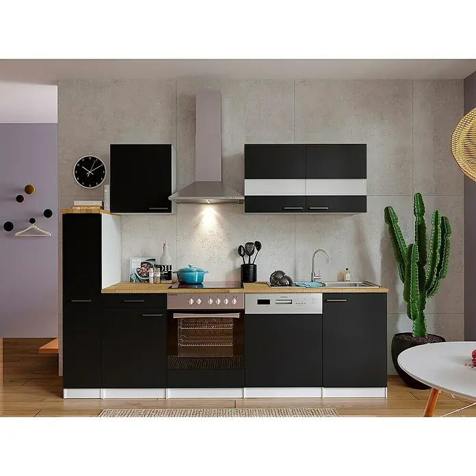 Respekta Singleküche Malia - Breite: 250 cm, Schwarz, Dekor Arbeitsplatte: Holzoptik, Volumen Backofen: 72 l - Moderne Küche mit schwarzen Schränken, Holz-Arbeitsplatte und Edelstahlgeräten unter grauer Wand.