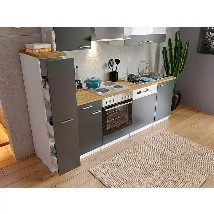 Respekta Singleküche Malia - Breite: 250 cm, Grau, Dekor Arbeitsplatte: Holzoptik, Volumen Backofen: 60 l - Stimmungsaufnahme