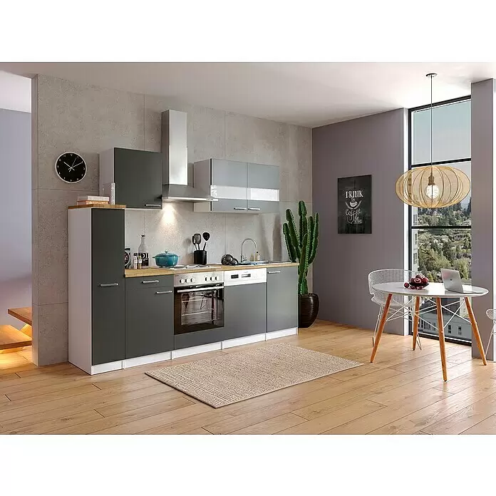 Respekta Singleküche Malia - Breite: 250 cm, Grau, Dekor Arbeitsplatte: Holzoptik, Volumen Backofen: 60 l - Stimmungsaufnahme