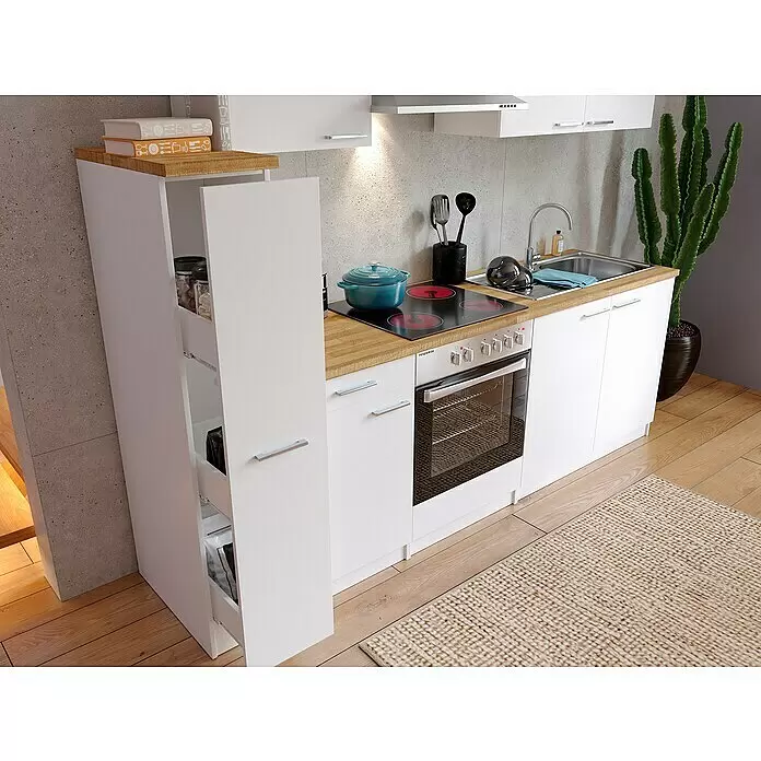 Respekta Singleküche Malia - Breite: 240 cm, Weiß, Dekor Arbeitsplatte: Holzoptik, Volumen Backofen: 72 l - Stimmungsaufnahme