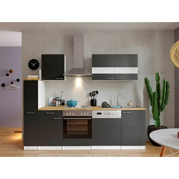 Respekta Singleküche Malia - Breite: 250 cm, Grau, Dekor Arbeitsplatte: Holzoptik, Volumen Backofen: 60 l - Küchenaufnahme mit modernen grauen Schränken, Edelstahlgeräten und Holzarbeitsplatten. Die Küche strahlt ein minimalistisches und funktionales Design aus.