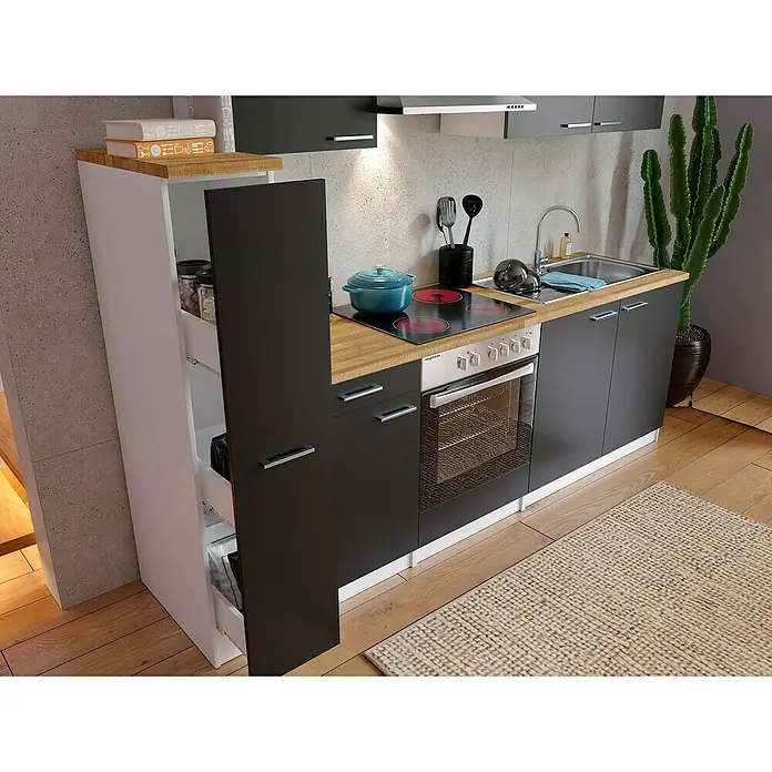 Respekta Singleküche Malia - Breite: 240 cm, Schwarz, Dekor Arbeitsplatte: Holzoptik, Volumen Backofen: 72 l - Dieses Bild zeigt eine moderne Küchenzeile in Grau und Weiß mit Holz-Arbeitsplatte und Stauraumlösungen.