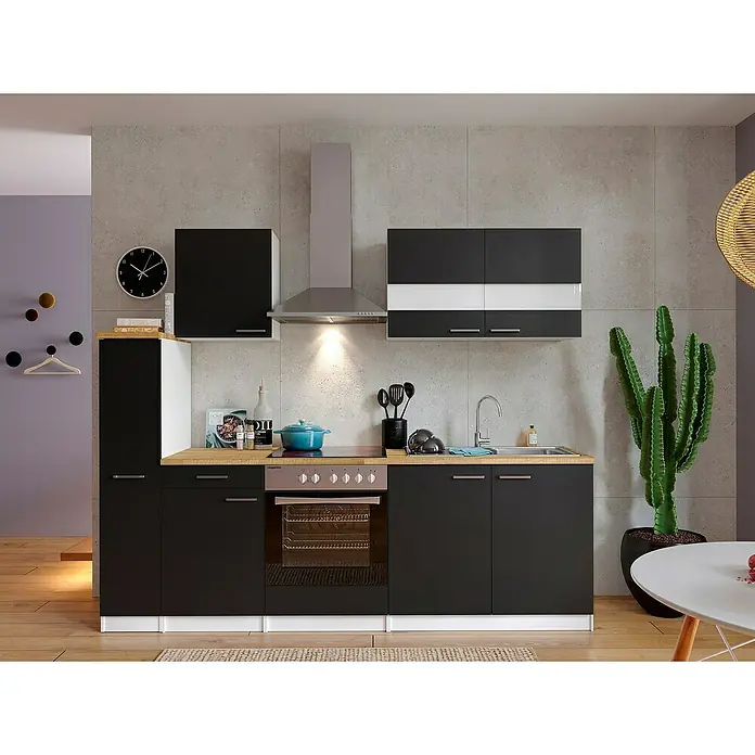 Respekta Singleküche Malia - Breite: 240 cm, Schwarz, Dekor Arbeitsplatte: Holzoptik, Volumen Backofen: 72 l - Bild einer modernen Küche mit schwarzen Schränken, einer Dunstabzugshaube und einer Kochinsel, die ein elegantes und funktionales Design zeigt.