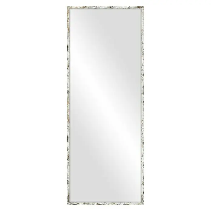 Espejo de pared Amberes - 60 x 160 cm, Decapado blanco - Un espejo rectangular estrecho con un marco blanco y beige desgastado, que irradia elegancia rústica y realza el espacio.