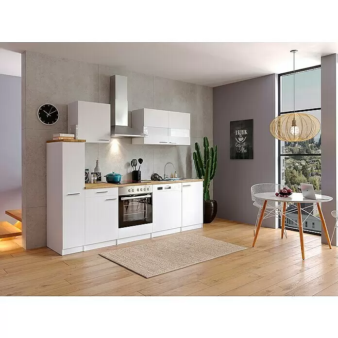 Respekta Singleküche Malia - Breite: 250 cm, Weiß, Dekor Arbeitsplatte: Holzoptik, Volumen Backofen: 72 l - Stimmungsaufnahme