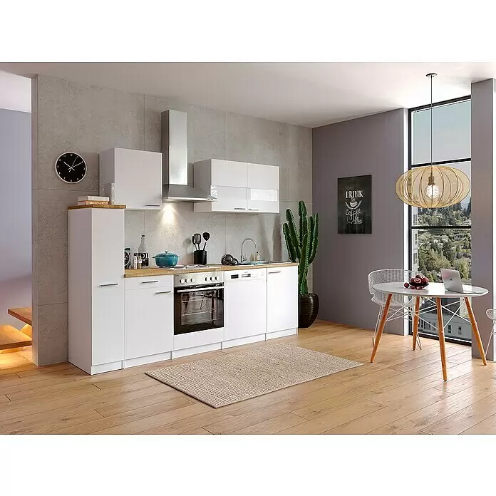 Respekta Singleküche Malia - Breite: 250 cm, Weiß, Dekor Arbeitsplatte: Holzoptik, Volumen Backofen: 60 l - Stimmungsaufnahme