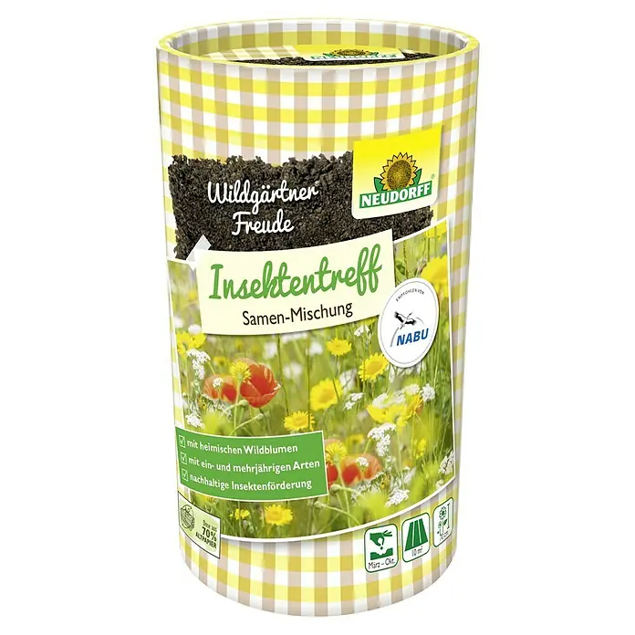 Neudorff Wildgärtner Freude Blumensamenmischung - Insektentreff, 10 m² - Das Produkt ist eine Dose Wildblumensamen-Mischung "Insektentreff" von Neudorff, die zur Förderung der Insektenvielfalt beiträgt.