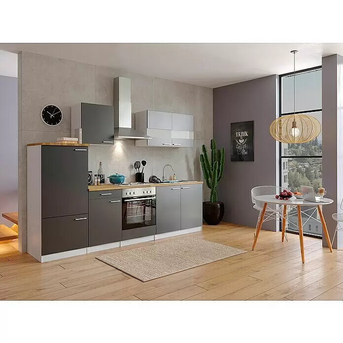 Respekta Küchenzeile Malia - Breite: 270 cm, Grau, Mit Elektrogeräten, Dekor Arbeitsplatte: Holzoptik, Volumen Backofen: 58 l - Stimmungsaufnahme