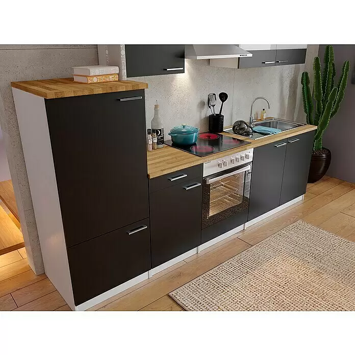 Respekta Küchenzeile Malia - Breite: 270 cm, Schwarz, Mit Elektrogeräten, Dekor Arbeitsplatte: Holzoptik, Volumen Backofen: 72 l - Stimmungsaufnahme