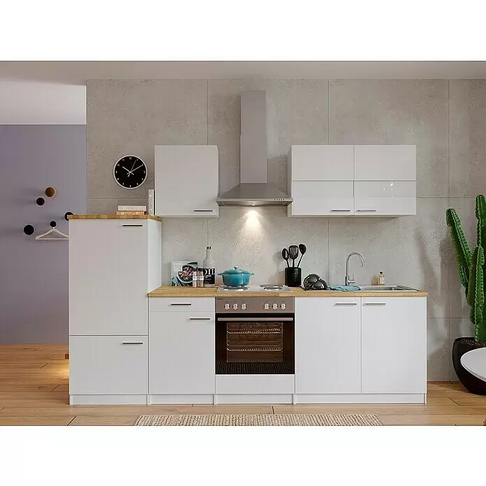 Respekta Küchenzeile Malia - Breite: 270 cm, Weiß, Mit Elektrogeräten, Dekor Arbeitsplatte: Holzoptik, Volumen Backofen: 58 l - Stimmungsaufnahme
