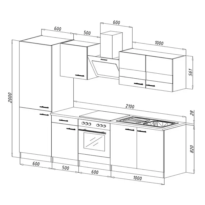 Respekta Composición de cocina Malia - Ancho: 270 cm, Blanco, Decoración encimera: Efecto cemento, Con electrodomésticos, Volumen horno: 72 l - Diagrama de una cocina con dimensiones, que muestra armarios, fregadero, fogones y campana para una planificación detallada.