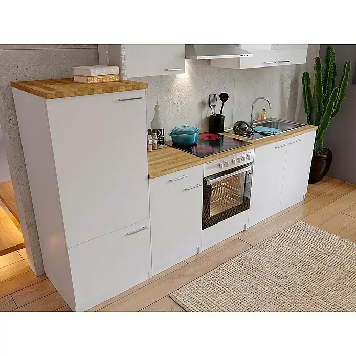 Respekta Küchenzeile Malia - Breite: 270 cm, Weiß, Mit Elektrogeräten, Dekor Arbeitsplatte: Holzoptik, Volumen Backofen: 72 l - Stimmungsaufnahme