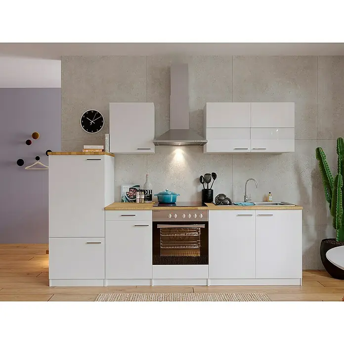 Respekta Küchenzeile Malia - Breite: 270 cm, Weiß, Mit Elektrogeräten, Dekor Arbeitsplatte: Holzoptik, Volumen Backofen: 72 l - Helle Küche mit weißen Schränken, Holzarbeitsplatten und modernen Geräten, die einladende Atmosphäre schafft.