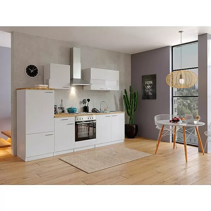 Respekta Küchenzeile Malia - Breite: 270 cm, Weiß, Mit Elektrogeräten, Dekor Arbeitsplatte: Holzoptik, Volumen Backofen: 58 l - Stimmungsaufnahme