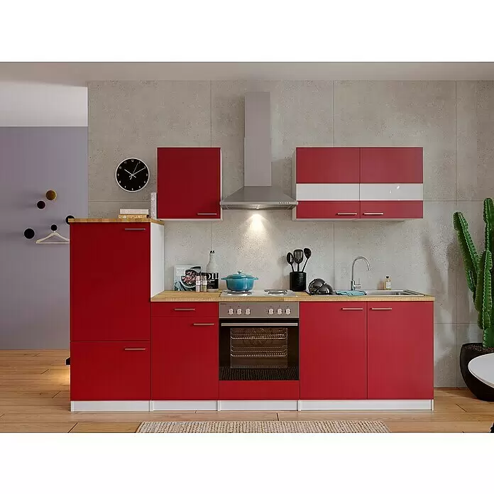 Respekta Küchenzeile Malia - Breite: 270 cm, Rot, Mit Elektrogeräten, Dekor Arbeitsplatte: Holzoptik, Volumen Backofen: 58 l - Stimmungsaufnahme