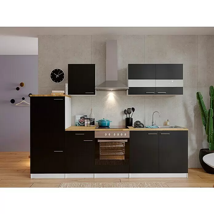 Respekta Küchenzeile Malia - Breite: 270 cm, Schwarz, Mit Elektrogeräten, Dekor Arbeitsplatte: Holzoptik, Volumen Backofen: 72 l - Stimmungsaufnahme