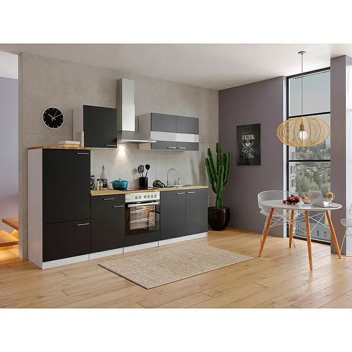 Respekta Küchenzeile Malia - Breite: 270 cm, Schwarz, Mit Elektrogeräten, Dekor Arbeitsplatte: Holzoptik, Volumen Backofen: 72 l - Moderne Küche in Grau- und Schwarztönen mit Holzakzenten und einem Esstisch mit dekorativer Beleuchtung für einen stilvollen Look.