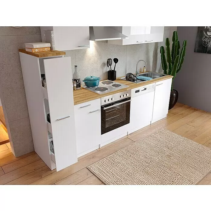 Respekta Singleküche Malia - Breite: 250 cm, Weiß, Dekor Arbeitsplatte: Holzoptik, Volumen Backofen: 60 l - Stimmungsaufnahme