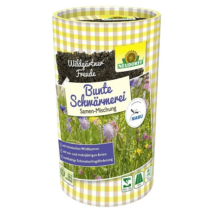 Neudorff Wildgärtner Freude Blumensamenmischung - Bunte Schwärmerei, 10 m² - Abbildung einer Packung "Bunte Schwärmerei" Samen-Mischung von Neudorff, ideal für Wildgärtner, empfohlen vom NABU.