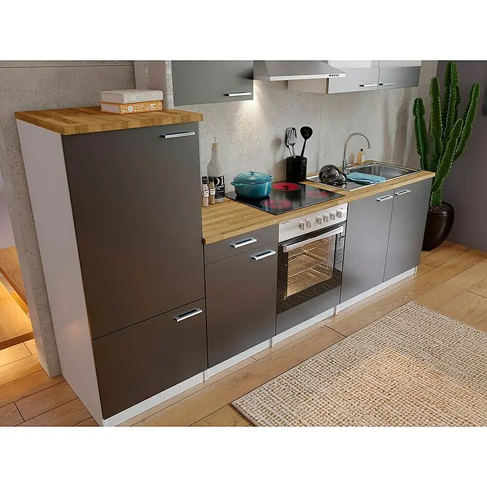 Respekta Küchenzeile Malia - Breite: 270 cm, Grau, Mit Elektrogeräten, Dekor Arbeitsplatte: Holzoptik, Volumen Backofen: 72 l - Küchenzeile mit Spüle, Kochfeld und Backofen in Grau mit Holzoptik-Arbeitsplatte. Praktische Küchenlösung für kleine Räume.
