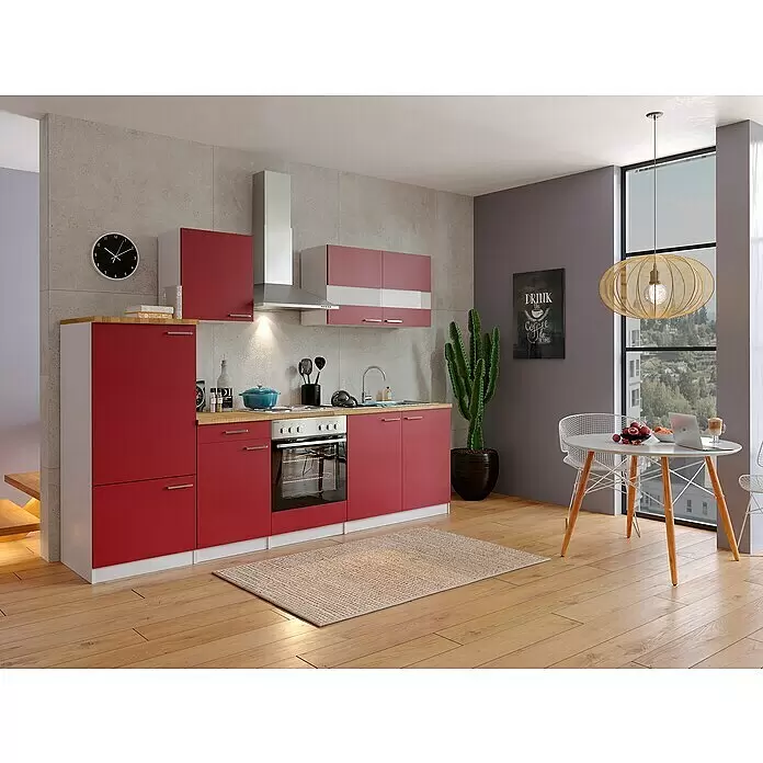 Respekta Küchenzeile Malia - Breite: 270 cm, Rot, Mit Elektrogeräten, Dekor Arbeitsplatte: Holzoptik, Volumen Backofen: 58 l - Stimmungsaufnahme