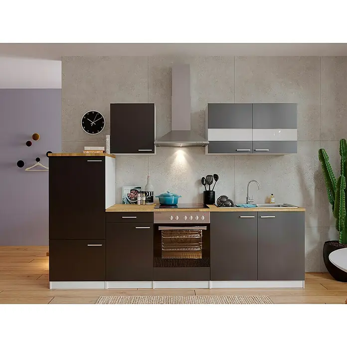 Respekta Küchenzeile Malia - Breite: 270 cm, Grau, Mit Elektrogeräten, Dekor Arbeitsplatte: Holzoptik, Volumen Backofen: 72 l - Elegante Küche mit grauen Schränken, Holz-Arbeitsplatten und modernen Geräten. Zeitgenössisches Design für ein stilvolles Zuhause.