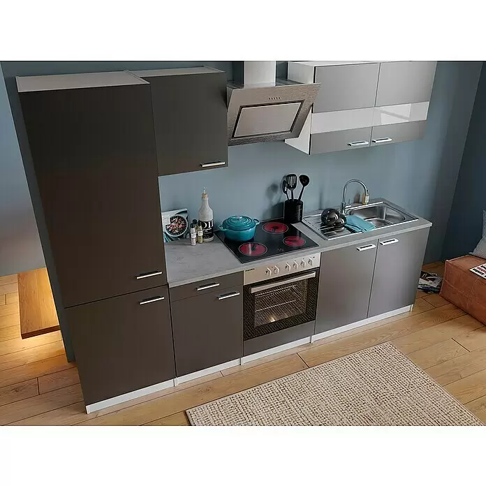 Respekta Küchenzeile Malia - Breite: 270 cm, Grau, Dekor Arbeitsplatte: Betonoptik, Mit Elektrogeräten, Volumen Backofen: 72 l - Stimmungsaufnahme