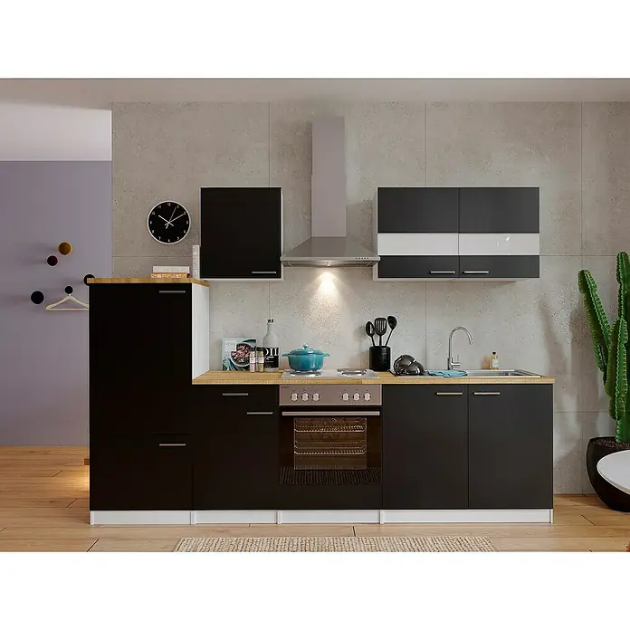 Respekta Küchenzeile Malia - Breite: 270 cm, Schwarz, Mit Elektrogeräten, Dekor Arbeitsplatte: Holzoptik, Volumen Backofen: 58 l - Moderne Küche mit schwarzen Schränken, Holzarbeitsplatte und Edelstahl-Dunstabzugshaube, die eine stilvolle und funktionale Kücheneinrichtung bietet.