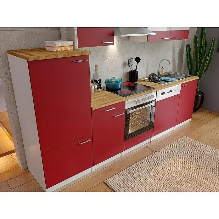 Respekta Küchenzeile Malia - Breite: 280 cm, Rot, Mit Elektrogeräten, Dekor Arbeitsplatte: Holzoptik, Volumen Backofen: 72 l - Stimmungsaufnahme