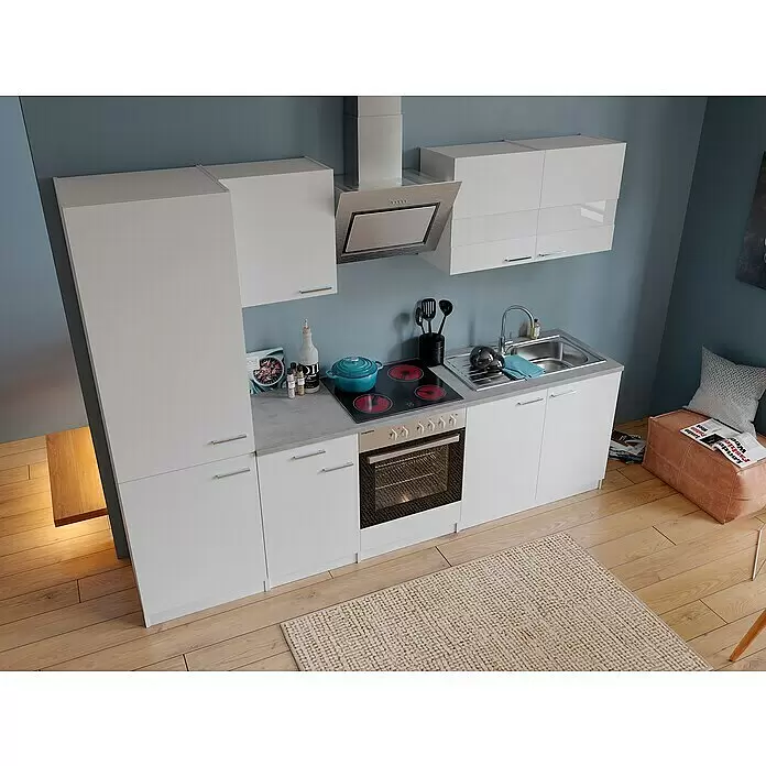 Respekta Küchenzeile Malia - Breite: 270 cm, Weiß, Dekor Arbeitsplatte: Betonoptik, Mit Elektrogeräten, Volumen Backofen: 72 l - Stimmungsaufnahme