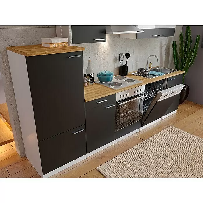 Respekta Küchenzeile Malia - Breite: 280 cm, Schwarz, Mit Elektrogeräten, Dekor Arbeitsplatte: Holzoptik, Volumen Backofen: 58 l - Stimmungsaufnahme