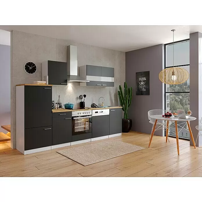 Respekta Küchenzeile Malia - Breite: 280 cm, Schwarz, Mit Elektrogeräten, Dekor Arbeitsplatte: Holzoptik, Volumen Backofen: 72 l - Stimmungsaufnahme