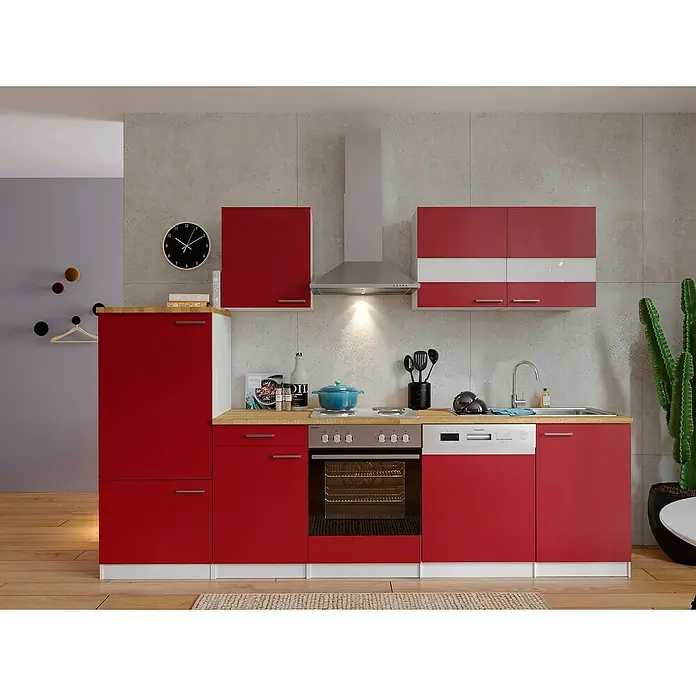 Respekta Küchenzeile Malia - Breite: 280 cm, Rot, Mit Elektrogeräten, Dekor Arbeitsplatte: Holzoptik, Volumen Backofen: 58 l - Eine moderne Küche in Rot und Weiß mit Edelstahl-Akzenten. Die Küchenzeile bietet viel Stauraum und Arbeitsfläche.