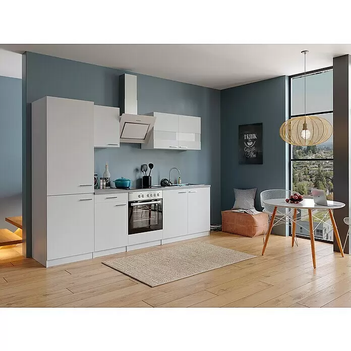 Respekta Küchenzeile Malia - Breite: 270 cm, Weiß, Dekor Arbeitsplatte: Betonoptik, Mit Elektrogeräten, Volumen Backofen: 72 l - Stimmungsaufnahme