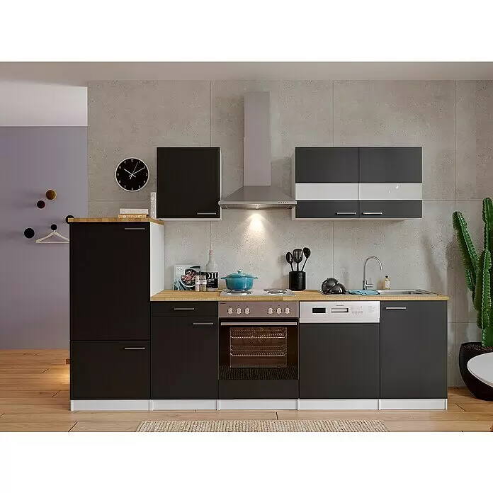 Respekta Küchenzeile Malia - Breite: 280 cm, Schwarz, Mit Elektrogeräten, Dekor Arbeitsplatte: Holzoptik, Volumen Backofen: 58 l - Stimmungsaufnahme
