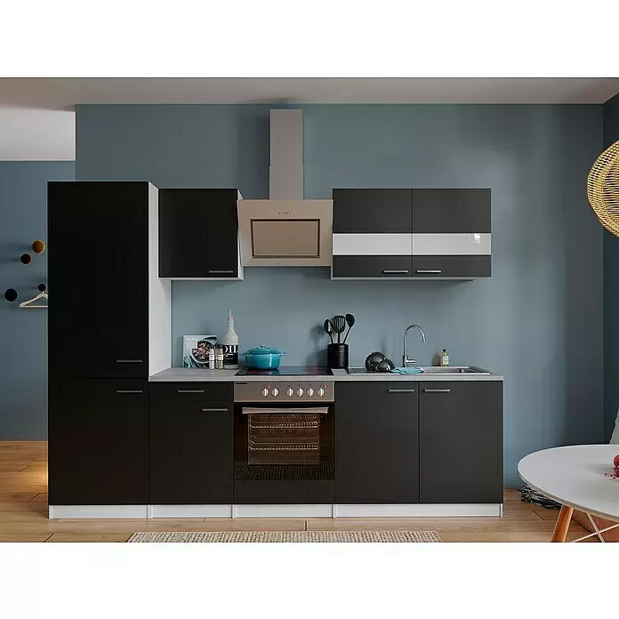 Respekta Küchenzeile Malia - Breite: 270 cm, Schwarz, Dekor Arbeitsplatte: Betonoptik, Mit Elektrogeräten, Volumen Backofen: 72 l - Stimmungsaufnahme