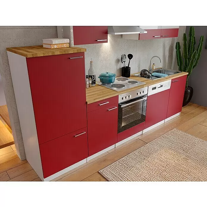 Respekta Küchenzeile Malia - Breite: 280 cm, Rot, Mit Elektrogeräten, Dekor Arbeitsplatte: Holzoptik, Volumen Backofen: 58 l - Stimmungsaufnahme