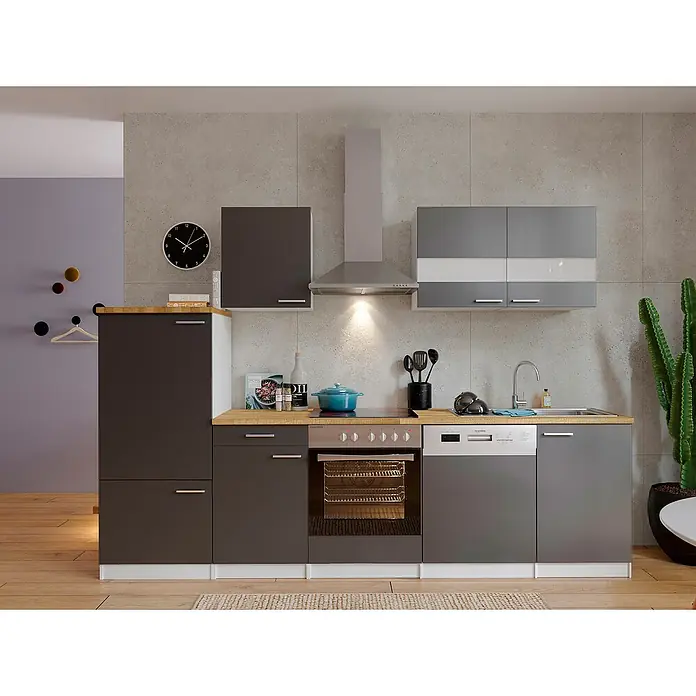 Respekta Küchenzeile Malia - Breite: 280 cm, Grau, Mit Elektrogeräten, Dekor Arbeitsplatte: Holzoptik, Volumen Backofen: 72 l - Diese Aufnahme zeigt eine moderne Küche mit grauen Küchenschränken, einer Dunstabzugshaube und einem Holzarbeitsplatte.