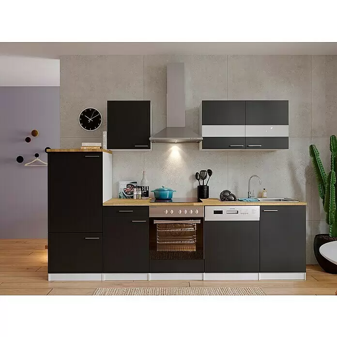 Respekta Küchenzeile Malia - Breite: 280 cm, Schwarz, Mit Elektrogeräten, Dekor Arbeitsplatte: Holzoptik, Volumen Backofen: 72 l - Stimmungsaufnahme