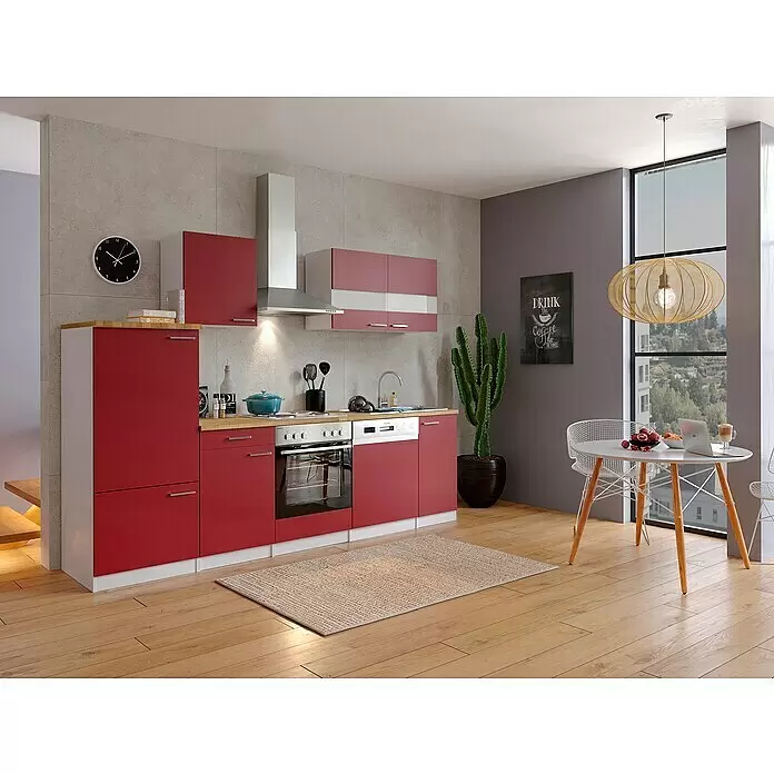 Respekta Küchenzeile Malia - Breite: 280 cm, Rot, Mit Elektrogeräten, Dekor Arbeitsplatte: Holzoptik, Volumen Backofen: 58 l - Stimmungsaufnahme