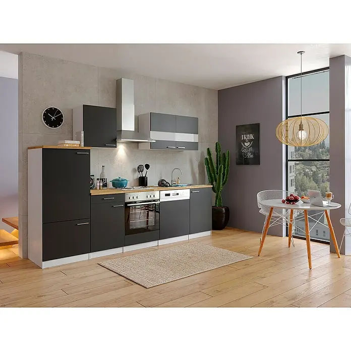 Respekta Küchenzeile Malia - Breite: 280 cm, Schwarz, Mit Elektrogeräten, Dekor Arbeitsplatte: Holzoptik, Volumen Backofen: 58 l - Eine moderne Küche mit grauen Schränken, einer hölzernen Arbeitsplatte und einem Esstisch mit skandinavischem Design.